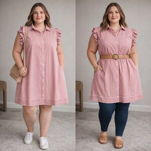 SHEIN Red Striped Midi Dress or Tunic with Ruffle Sleeves